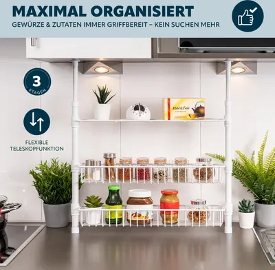 Produktbild von bremermann Teleskop-Gewürzregal, Teleskopregal, 2 Körbe, 1 Regal, weiß