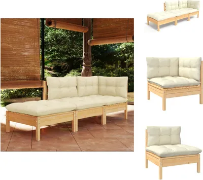 Produktbild von vidaXL 3-tlg. Garten-Lounge-Set mit Creme Kissen Massivholz Kiefer -  Gartenmöbel-Sets