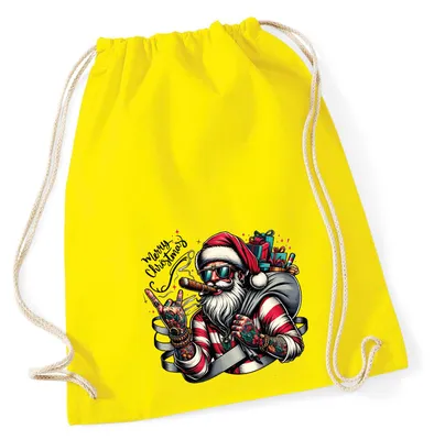 Produktbild von Huuraa Turnbeutel Cooler Weihnachtsmann Merry Christmas 12 Liter Yellow Baumwolle Rucksack Geschenkidee