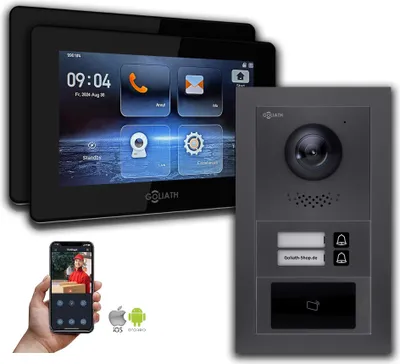 Image de Goliath 2-fils BUS Video Doorbell : 2 maisons familiales, RFID, anthracite : Boîte d'encastrement : 7 pouces en noir Sélection du moniteur : 7 pouces en noir Boîte de montage de la sonnette : Boîte d'encastrement
