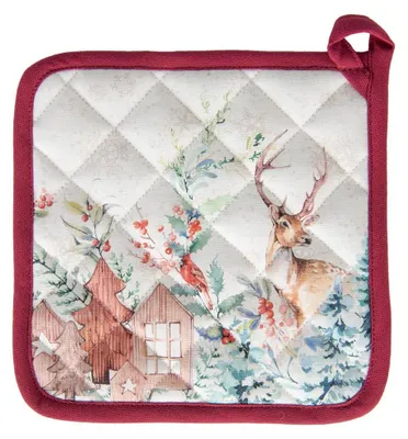 Produktbild von Clayre & Eef Topflappen 20x20 cm Weiß Rot Baumwolle Hirsch
