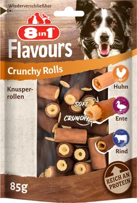Produktbild von 8in1 Flavours Crunchy Rolls Hunde-Snacks - knusprige Leckerlis für Hunde mit Hähnchenbrust, Entenbrust oder Rindfleisch, 85 g Beutel
