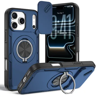 Produktbild von Magnetische Hülle für iPhone 17 Pro, Militär Stoßfest Handyhülle mit Kameraschutz und Ringhalter Ständer Blau
