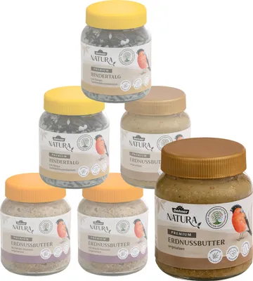 Produktbild von Dehner Natura Wildvogelfutter, Erdnussbutter und Rindertalg im Glas, verschiedene Sorten, 3 x 2 Stück (1.86 kg)