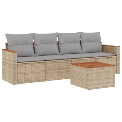 Produktbild von 5-tlg. Garten-Sofagarnitur mit Kissen Beige Poly Rattan