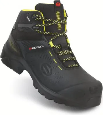 A black and yellow work boot is shown against a white background.