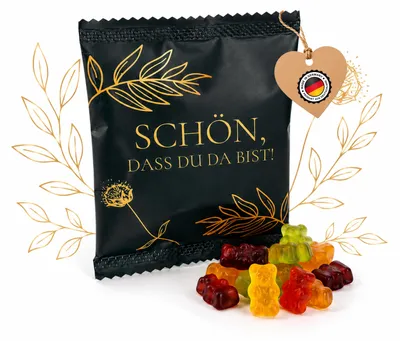 Produktbild von Fruchtgummi Päckchen Schön, dass du da bist dunkelgrün matt mit Gold – Gastgeschenk50 Stück