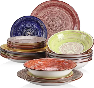 Image de vancasso Service combiné en faïence, service de table 18 pièces pour 6 personnes, set de vaisselle vintage avec assiette plate, assiette à dessert, assiette creuse, émail écorce d'arbre