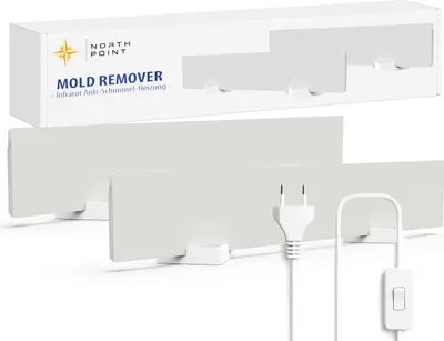 A product shot of two white infrared mold removers with a power cord and plug, presented on a white background, with the product packaging visible in the background.