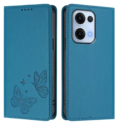 Image de Étui en cuir pour Oppo Reno13 5G, motif papillon, étui à rabat avec porte-appareil, bleu