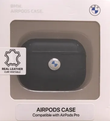 A black BMW AirPods Pro case is shown inside its packaging.