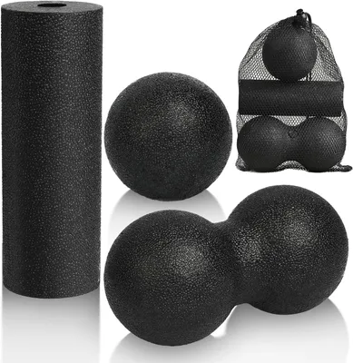 Produktbild von 3-teiliges Massageball Set, Peanut Ball, Schaumroller, Doppel-Lacrosse Ball, Schwarz, zur Muskelentspannung