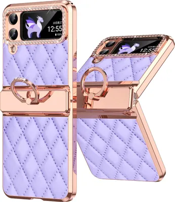 Produktbild von Leder Hülle für Samsung Galaxy Z Flip 3 5G mit Ringhalterung, Luxus Glitzer Bling Überzug Scharnierschutz Handyhülle Lila