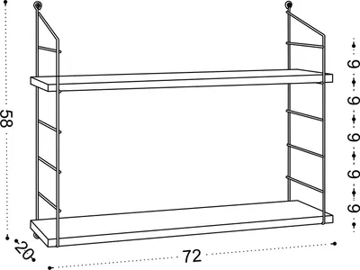 A line drawing of a two-tiered wall shelf with dimensions indicated.