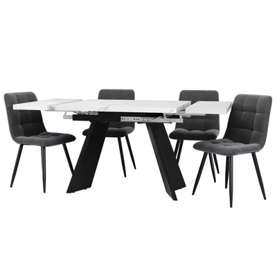 Produktbild von Flieks Essgruppe 5-tlg, Rechteckig Ausziehtisch in Marmoroptik, Esstisch mit 4 Esszimmerstühle, Polsterstühle mit Samtbezug, weißer Tisch, graue Stühl