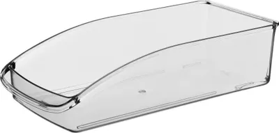 A clear, empty, transparent plastic storage container designed for a refrigerator.