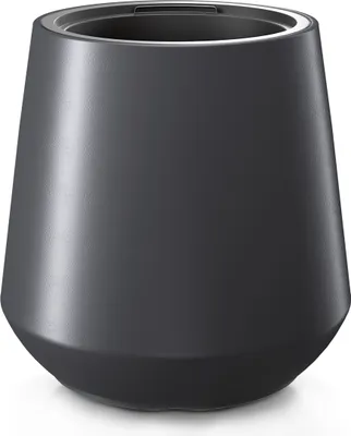 A dark gray, conical planter pot with a white rim is shown against a white background.