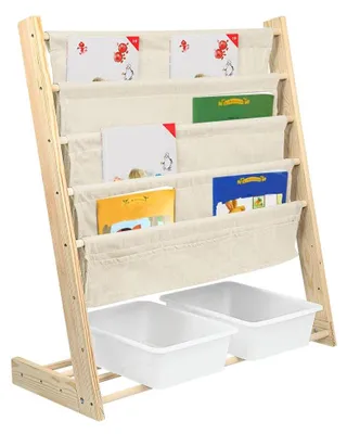 Immagine prodotto di Libreria per bambini - Libreria - 4 ripiani - 3 tasche - 2 contenitori - Struttura in legno - Da montare - Design moderno - Beige