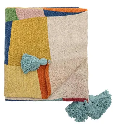Produktbild von Bloomingville Decke COLORINE Bunt Gemustert mit Hellblauen Quasten 160x130 cm