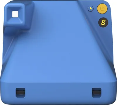 A blue Polaroid instant camera is shown from the front.