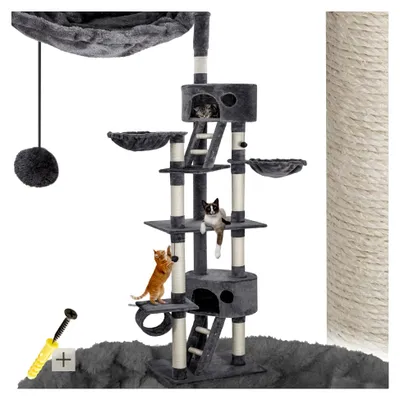 Produktbild von Katzenkratzbaum XXL, deckenhoch, höhenverstellbar von 243-260 cm, Kletterbaum mit Treppe, Höhle, Röhre, Liegemulde und Sisalsäule - grau