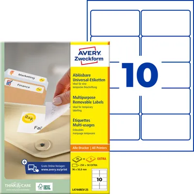 Produktbild von Avery Zweckform L4744REV-25, Universal-Etiketten, ablösbar, A4, 96 x 50,8 mm, 300 Etiketten / 30 Bögen, weiß