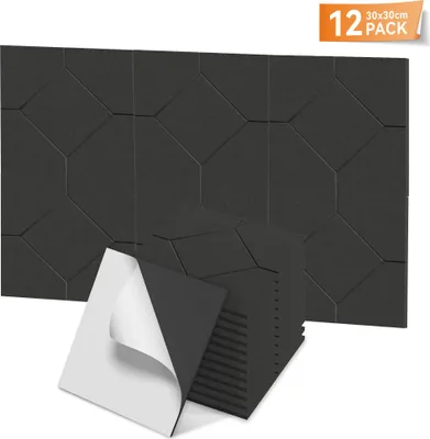 Produktbild von LARS360 Schwarz Akustikpaneele 12er Set 30x30cm Rhombus, Schallschutz Wandpaneele, Schalldämmung, Schallabsorber für Studio Home Gaming