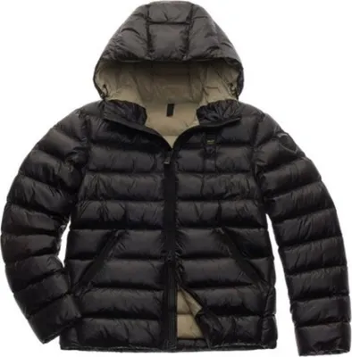 A black puffer jacket with a hood, shown front-on against a white background.