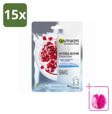 Imagen del producto de 15 mascarillas faciales desechables Garnier SkinActive Hydra Bomb con granada - Paquete ahorro - 15 unidades