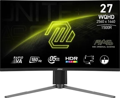 A marketing image for an MSI gaming monitor, showcasing its features and specifications.