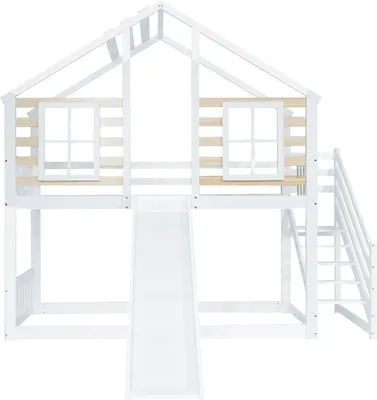 Produktbild von Etagenbett, Holzbett mit Treppe und Gitter, mit Rutsche und Fenster, Blockhaus Kinderbett mit Absturzsicherung, Bettrahmen aus Massivholz