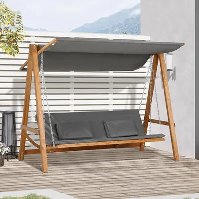 Produktbild von Hollywoodschaukel 3-Sitzer mit Liegefunktion, Gartenschaukel Bettfunktion, Lärchenholz, Grau | 225,5 x 130 x 180 cm | 240 kg | Sonnendach verstellbar