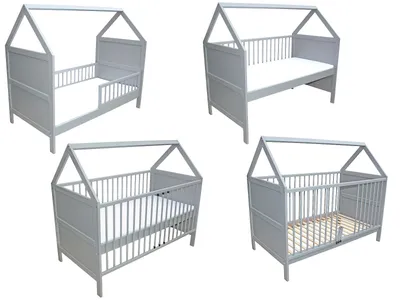 Produktbild von Babybett Kinderbett Juniorbett Beistellbett Bett Haus 140x70 cm mit Matratze umbaubar massiv grau 0 bis 6 Jahre