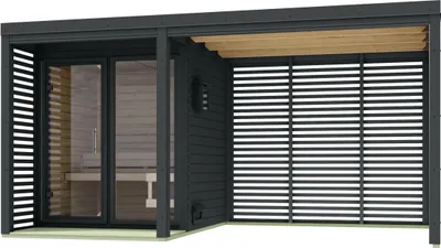 Produktbild von Karibu Saunahaus Angelus in versch. Größen inkl. Saunaofen 9kW optional mit Anbaudach