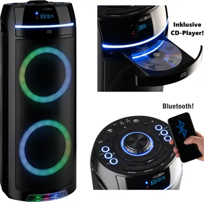 Produktbild von REFLEXION PS10BTCD Mobiler Bluetooth Partylautsprecher, LED Discobeleuchtung, mit eingebauten CD-Player, vielseitige Anschlüsse, Akku für 10 Stunden