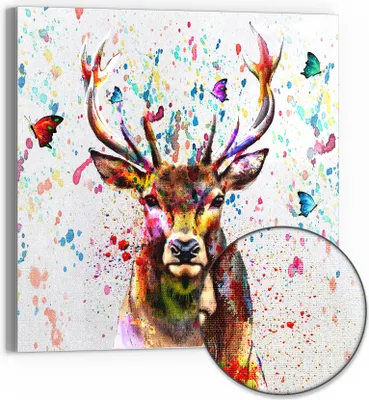 Produktbild von DEQOART Hybrid Leinwand Bild 50x50 cm 'Bunter Hirschtraum' Wandbild Glas flach modern