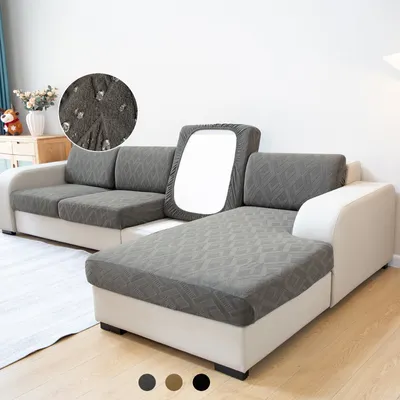 Produktbild von Sofa Überzug Jacquard Geometrisch Muster für Chaiselongue, Sofa Bezug Wasserdicht Gummiband rutschfest,Sitzkissen Bezug Elastisch Universal Dunkelgrau