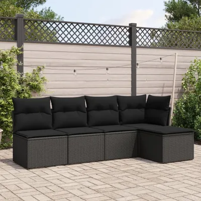 Produktbild von Design 5-tlg. Garten-Sofagarnitur mit Kissen Schwarz Poly Rattan, Gartenmöbel-Sets 2024 Neu