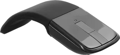 A black and gray wireless computer mouse with a unique arc shape and touch functionality is shown against a white background.