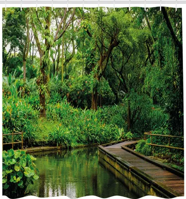 Produktbild von ABAKUHAUS Urwald Duschvorhang, Zweigen Wald mit Holz Pier und Fluss Exotischem Natur Spiegelung Foto Muster, Stoffliches Gewebe Badezimmerdekorationsset mit Haken, 175x200 cm, Jägergrün Braun