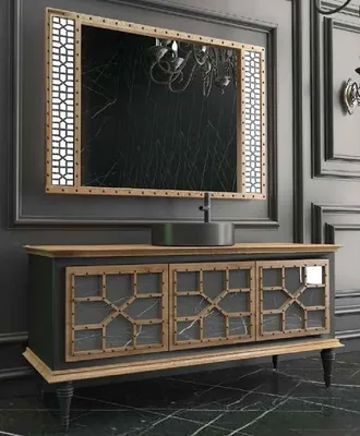 Produktbild von Casa Padrino Luxus Badezimmer Set Naturfarben / Schwarz - 1 Waschtisch mit 3 Türen und 1 Waschbecken und 1 Wandspiegel - Luxus Qualität