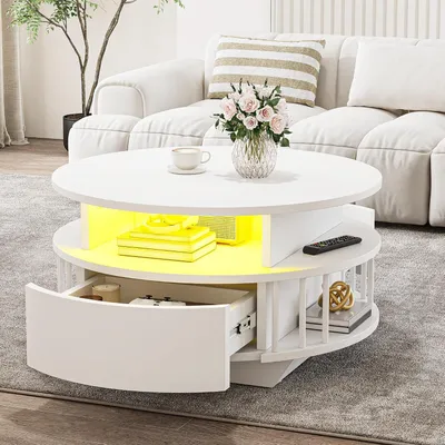 Produktbild von YITAHOME Couchtisch rund mit LED, Wohnzimmertisch mit Stauraum und 2 Schubladen, 70 cm, Weiß