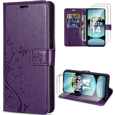 Image de Coque + 2 Verres Trempés pour Xiaomi Redmi Note 14 4G, Protection CuirPolyuréthaneMotif Floral Papillon Violet Nuit