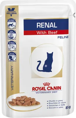 A pouch of Royal Canin RENAL cat food with beef.