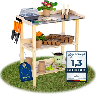 Produktbild von ITA Pflanztisch aus Holz 76x38x89 cm Natur - Mit verzinkter Arbeitsplatte und Ablageboden - Gärtnertisch - Qualität Direkt vom Hersteller - Outdoor & Indoor