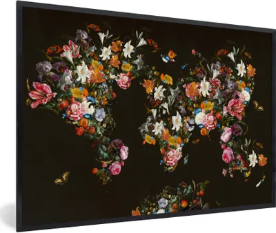 Produktbild von MuchoWow® Gerahmtes Poster Weltkarte - Blumen - Schmetterling - Schwarz 90x60 cm - Poster mit Schwarzem Bilderrahmen Wandposter Rahmen Foto Bilder - Fotorahmen - Foto-Plakat
