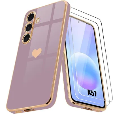 Image de Coque + 2 Verres Trempés pour Samsung Galaxy A57 5G, Protection Silicone avec Motif Coeur - Violet