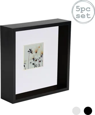 A black shadow box photo frame with a small floral print inside, set against a white background. There are also three small circles at the bottom right, two white and one black, likely representing color options.