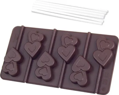 Produktbild von Dr. Oetker Silikon-Schokoladenform "Lolli-Herzen" 2er Set inkl. 12 Sticks, Schokoladenformen für Herz-Lollis am Stiel, Formen aus hochwertigem Platinsilikon (Farbe: Braun) - spülmaschinengeeignet, Menge: 1 x 2er Set