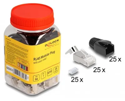Produktbild von DeLOCK RJ45 Modularer Stecker mit Zugentlastung Cat.6A, Cat.7 und Knickschutztülle 25er Set, RJ-45, Schwarz, Metallisch, Männlich, Gerade, Polycarbonat (PC), Cat6a